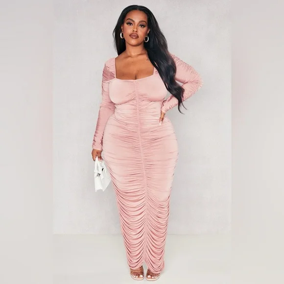 Plus Rose Long Sleeve Extreme Ruched Midaxi Dress